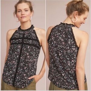 Anthropologie Maeve Ashley Top Floral Black Ruffle Size XXS
